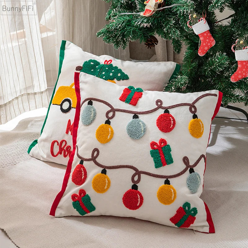DecorBites™ Christmas Santa Snowflake Embroidery Pillow Cover Square Cotton 45x45cm