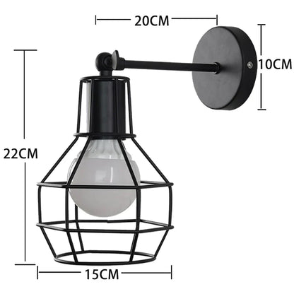 DecorBites™ Black Iron Cage Wall Lamp: Retro Indoor Sconce for Bedroom, Bar, and Reading