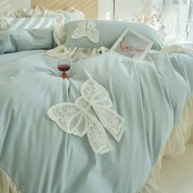 DecorBites™ Korean Lace Ruffles Queen Size Duvet Cover with Bow Detail - Romantic French Design