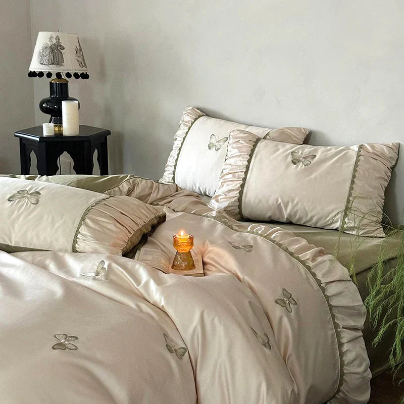 DecorBites™ Butterfly Embroidery 1000TC Egyptian Cotton Bedding Set with Duvet Cover, Sheet, Pillowcases