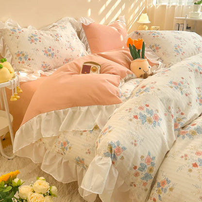 DecorBites™ Korean Princess Floral Ruffles Bedding Set: Single/Queen Duvet, Cover, & Pillowcases