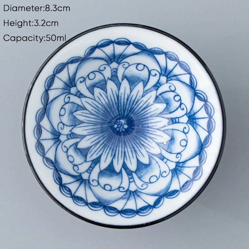 DecorBites™ Blue & White Ceramic Kung Fu Tea Cup, Japanese Style Porcelain Sake Espresso Mug