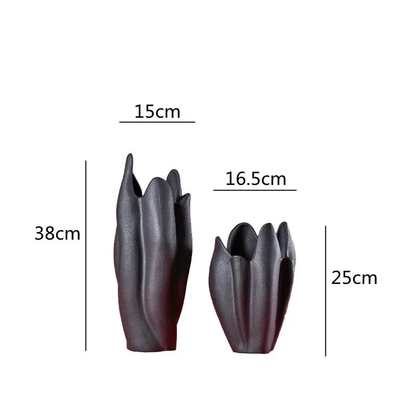 DecorBites™ Black Texture Ceramic Vase Irregular Crafts Flower Arrangement Home Decoration