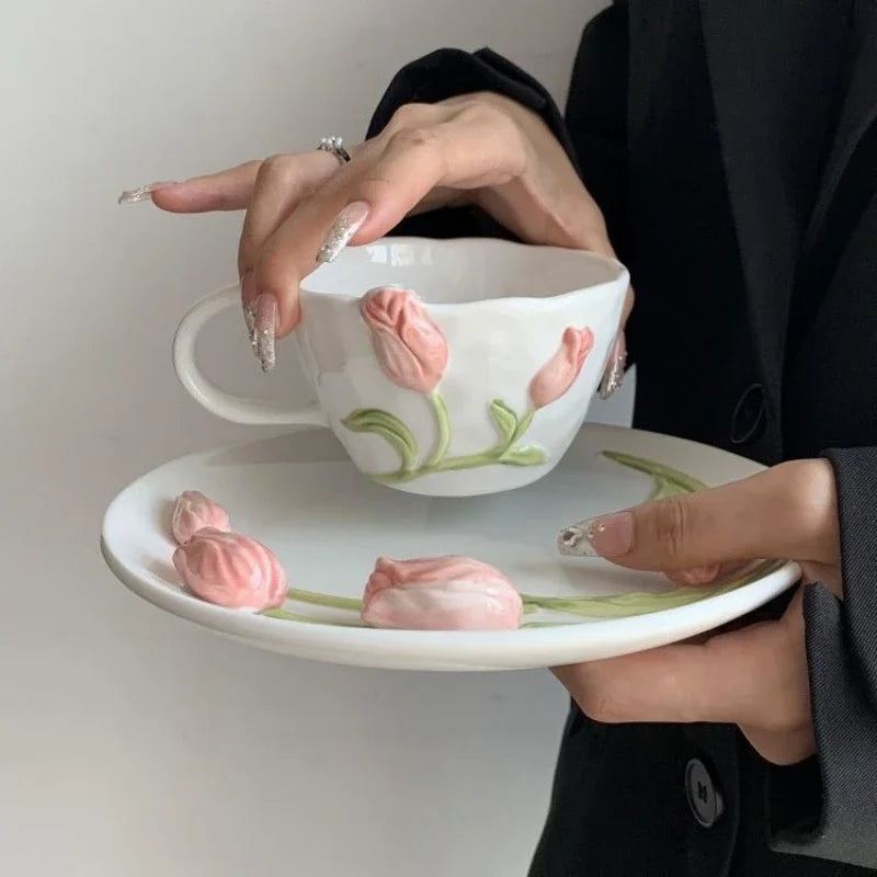 DecorBites™ 3D Embossed Tulip Ceramic Coffee Mug - Handcrafted Irregular Flower Cup