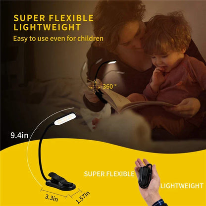 DecorBites™ 7 LED Book Light: Rechargeable Reading Lamp with 3-Level White Light Clip-On