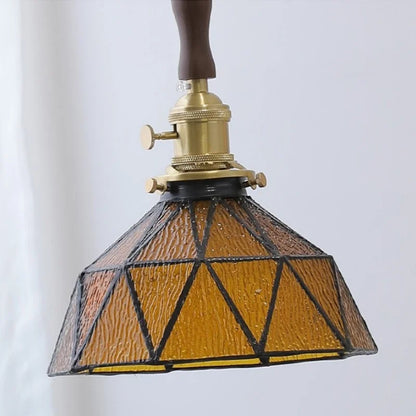 DecorBites™ LED Adjustable Pendant Light Fixture Amber Glass Walnut Wood Bar Hanging Lamp