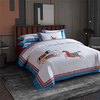 DecorBites™ Galloping Horse 1000TC Egyptian Cotton Bedding Set: Duvet, Sheet, Pillowcases - Soft & Comfy