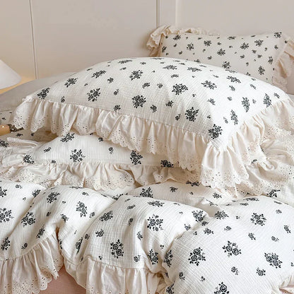 DecorBites™ French Lace Floral Ruffles Bedding Set - 100% Cotton Wrinkled Yarn 4Pcs