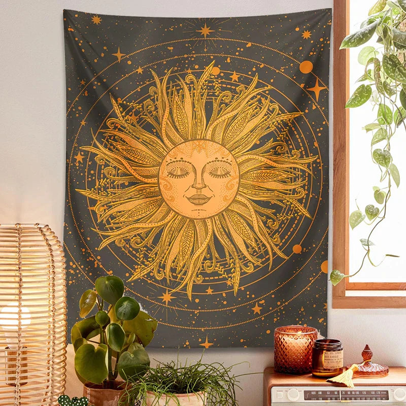 DecorBites™ Celestial Sun Moon Wall Tapestry: 70s Retro Psychedelic Room Decor Art