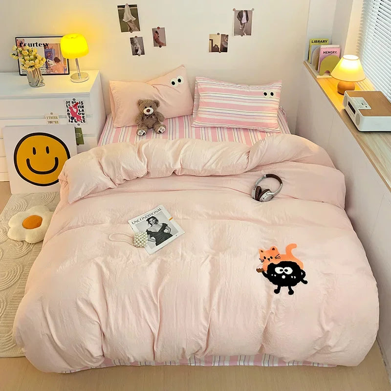 DecorBites™ Cartoon Towel Embroidery Bedding Set in Soft Washed Cotton for Kids