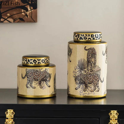 DecorBites™ Leopard Pattern Tank Ceramic Storage Jar with Lid for Jewelry and Cosmetics