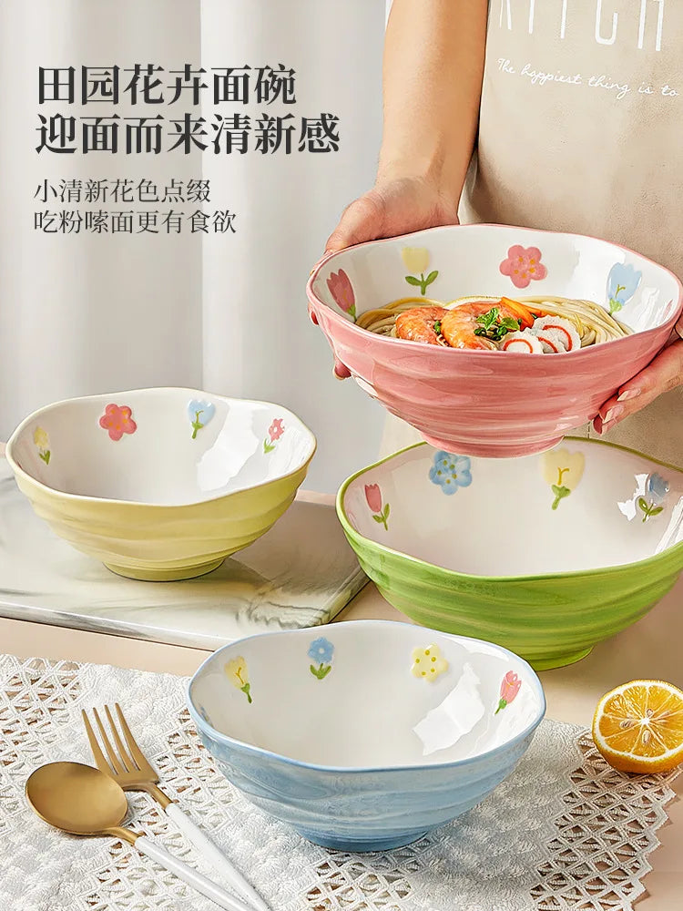 DecorBites™ 7" Hand-Painted Ceramic Ramen Bowl - Large Noodle Bowl for Home & Restaurant