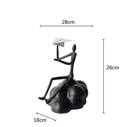 "DecorBites™ Resin Paper Airplane Cloud Figure for Home Decor - Black Cartoon Abstract Figurine"