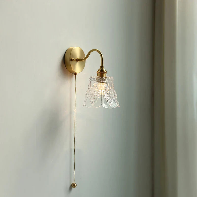 DecorBites™ Clear Glass LED Wall Sconce Pull Chain Switch Modern Copper Bedside Lamp