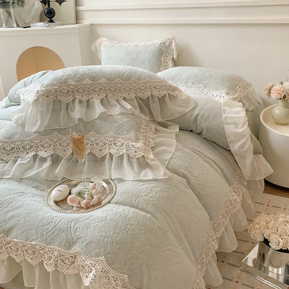 DecorBites™ French Lace Ruffles Velvet Bedding Set, Furry Duvet, Sheet, Pillowcases