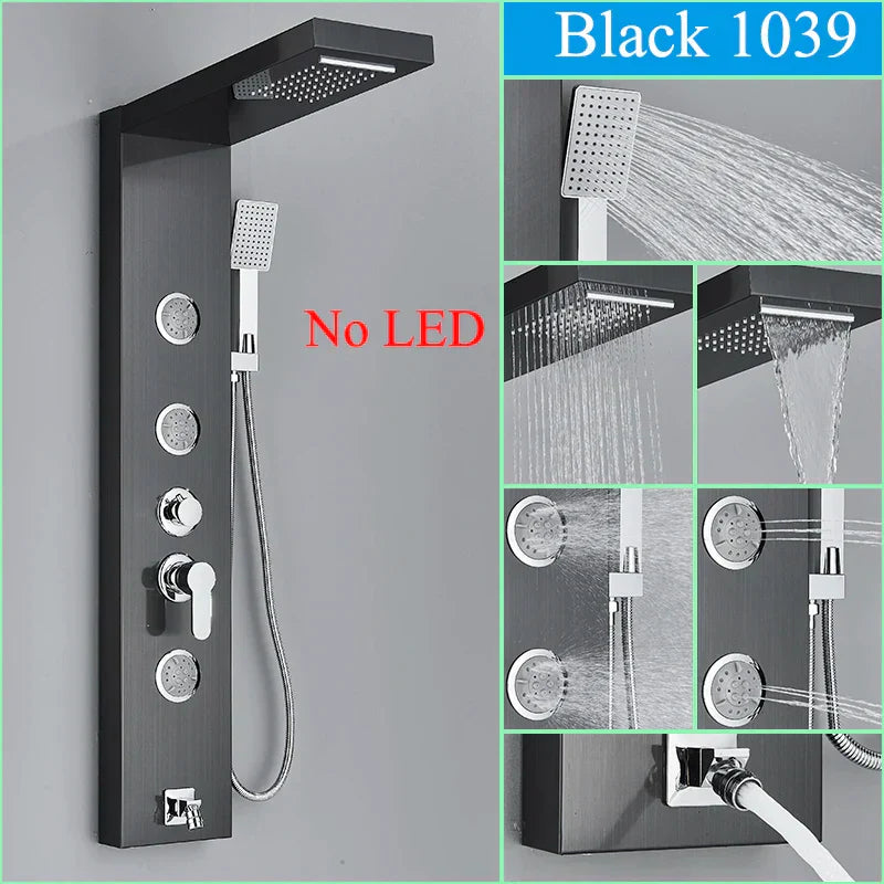 DecorBites™ Black LED Shower Faucet Panel with Waterfall Rain System & Massage Spa Spout