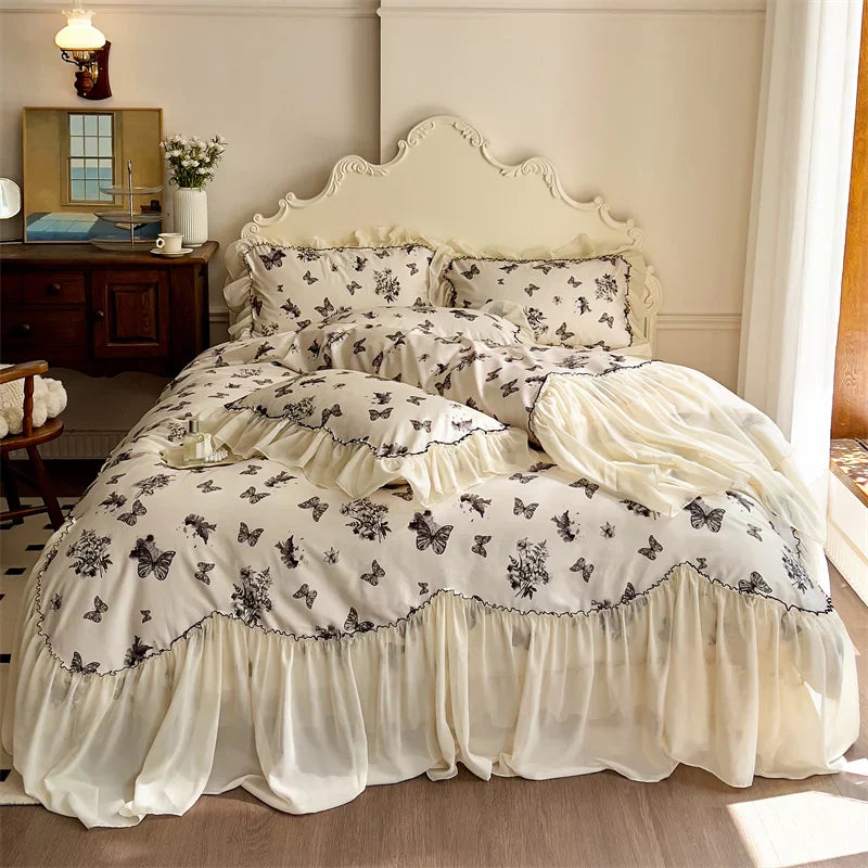DecorBites™ Beige Lace Ruffles Butterfly Flowers Print Bedding Set with Egyptian Cotton Quality
