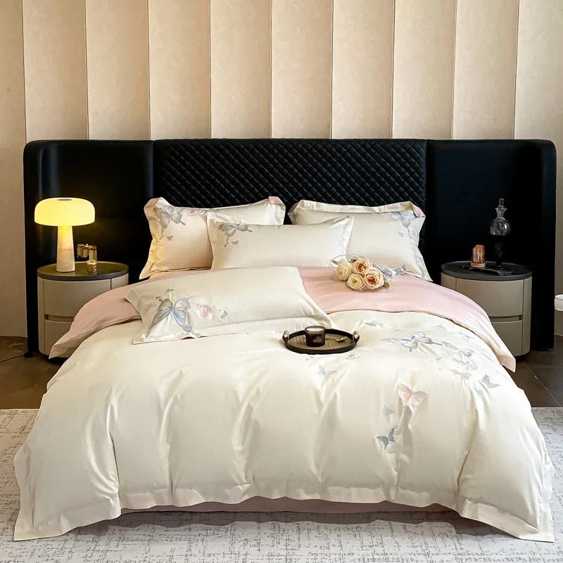 DecorBites™ Butterfly Embroidery 800TC Egyptian Cotton Bedding Set - Quilt Cover, Sheet, Pillowcases