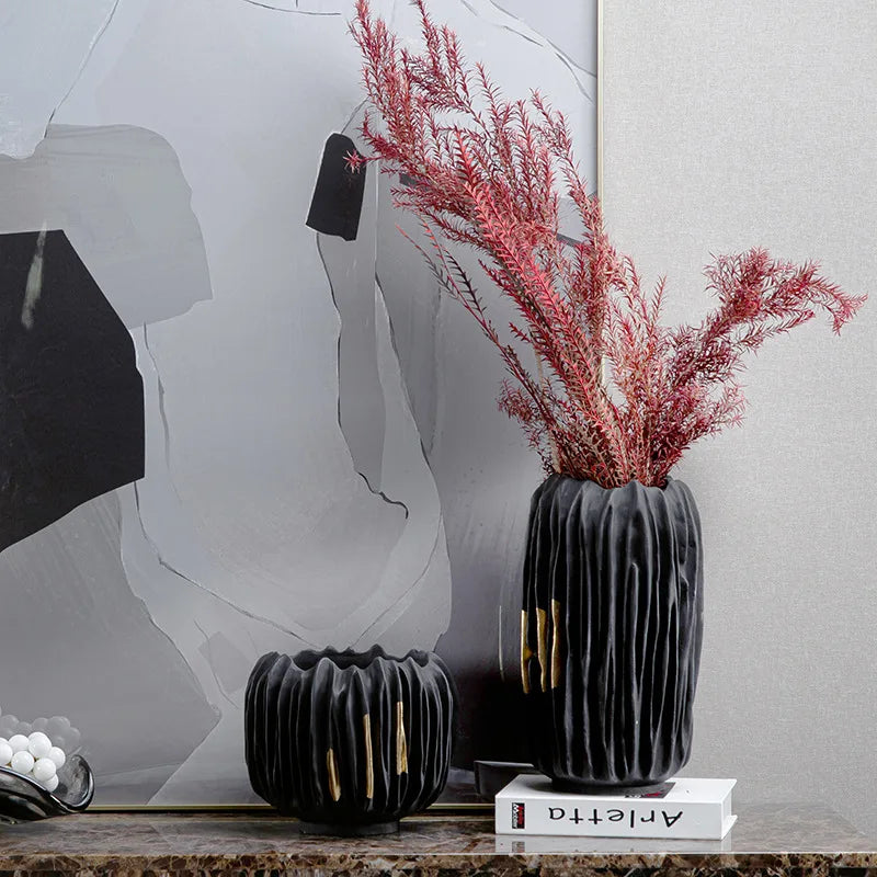 DecorBites™ Black Gold Crease Texture Resin Vase - Abstract Home Decor Ornament