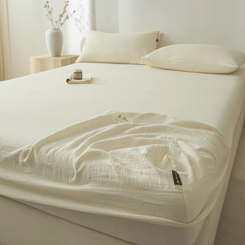 DecorBites™ Cotton Fitted Sheet: Wrinkled Yarn, Nordic Comfort, All Seasons Bed Cover