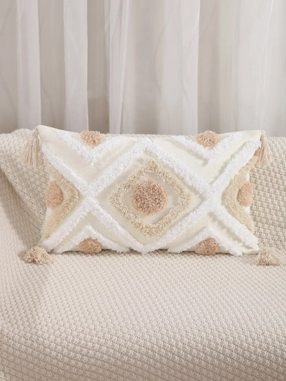 DecorBites™ Geometric Tufted Embroidery Flowers Boho Cushion Cover with Tassel