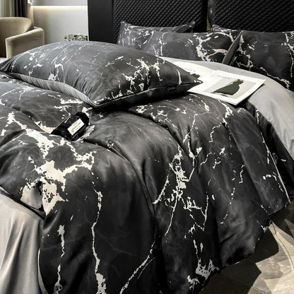 DecorBites™ Black Grey Marble Ice Silk Duvet Cover Set - Luxury Cooling Comfort, Nordic Style