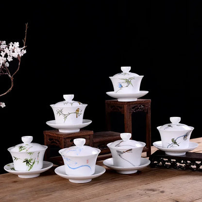 DecorBites™ Blue & White Porcelain Gaiwan Tea Set Puer Tea Cups Soup Bowl with Lid