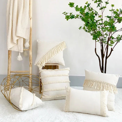 DecorBites™ Boho Linen Cotton Pillow Cover with Tassels - Beige Square/Rectangular 45x45cm/30x50cm