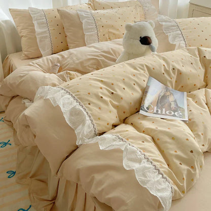 DecorBites™ Cotton Small Florals Princess Bedding Set - Queen Size - Duver Cover Bed Sheet Bed Skirt Pillowcases
