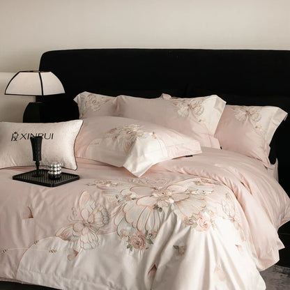 DecorBites™ Luxe Butterfly Flowers Embroidery Bedding Set 800TC Egyptian Cotton Duvet Covers Sheets Pillowcases