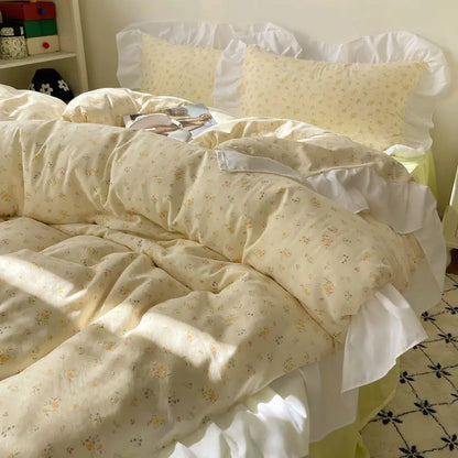 DecorBites™ Korean Lace Bedding Set, Full Double Size, Washed Cotton, Soft Bedclothes