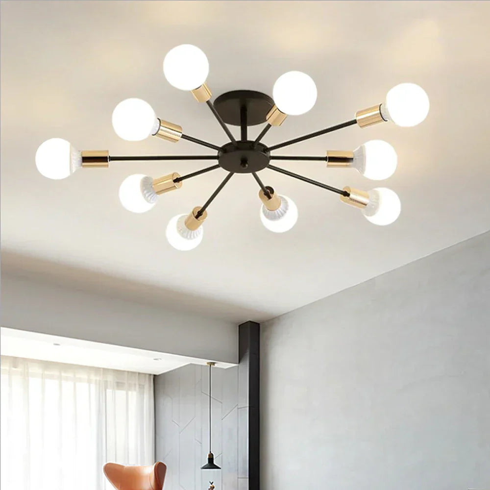DecorBites™ Industrial Rod Iron Wood Sputnik Chandelier Ceiling Lamp LED E27 Home Lighting