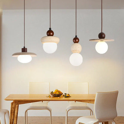 DecorBites™ LED Pendant Lamp with Wood Canopy & White Glass Chandelier - Yellow Travertine Kitchen Bedroom Lighting