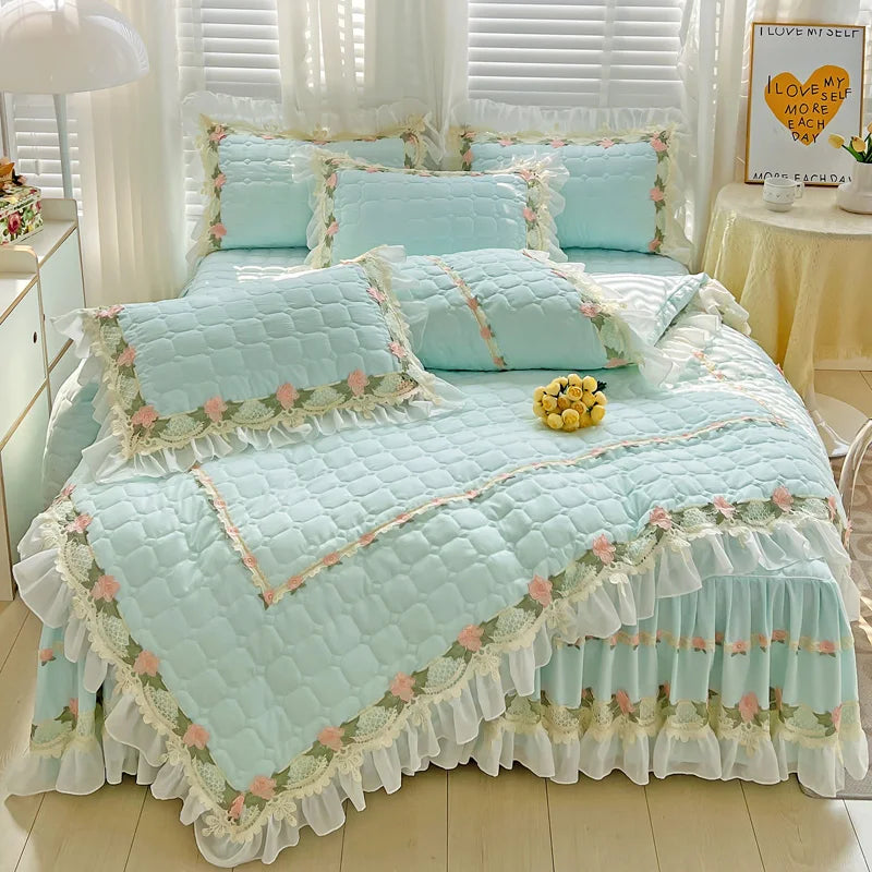™ Korean Princess Bedding Set: Flowers, Lace, Ruffles, Embroidery, Quilted, Duvet Cover, Bedspread