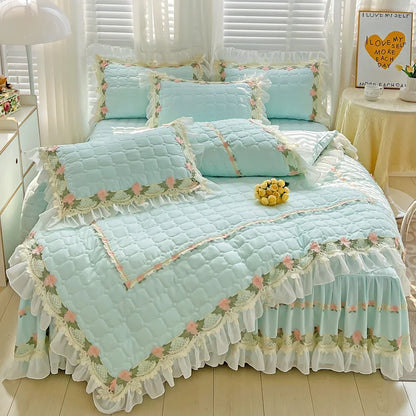 ™ Korean Princess Bedding Set: Flowers, Lace, Ruffles, Embroidery, Quilted, Duvet Cover, Bedspread