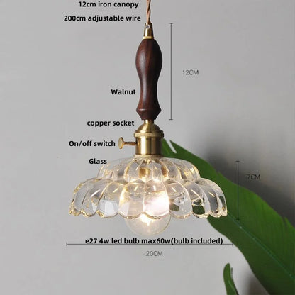 DecorBites™ LED Pendant Lamp with Adjustable Wire, Copper Socket, Walnut Wood, Green Glass