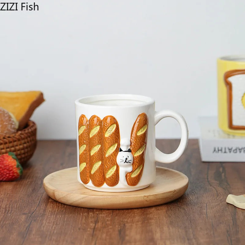 DecorBites™ Cat & Bread Pattern Ceramic Cup 200ml Coffee Mug Tea Afternoon Teacup Juice Mug