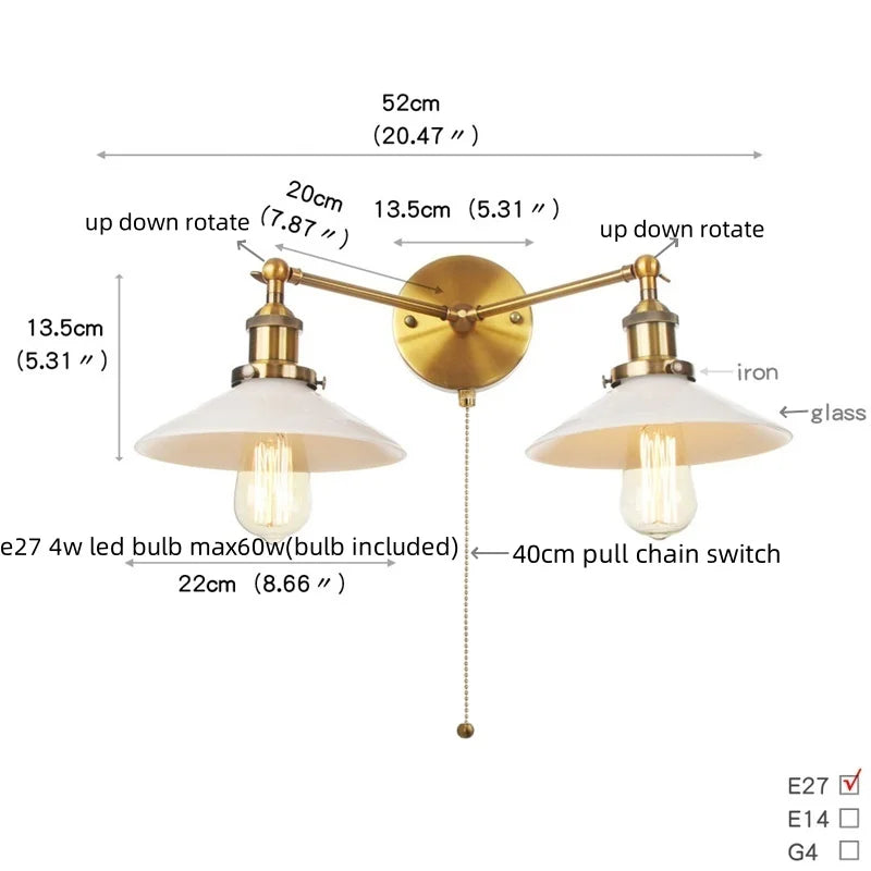 DecorBites™ Glass 2-Light Wall Sconce with Pull Chain Switch for Bedroom and Bathroom
