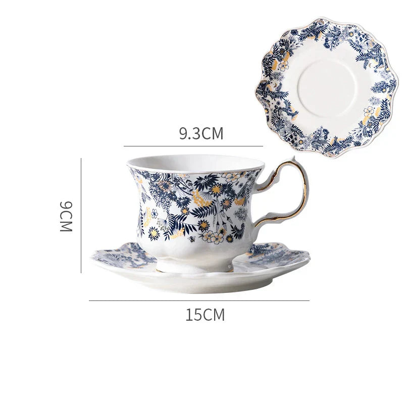 DecorBites™ Blue & White Porcelain Classic Coffee Mug Set Gold Rim Tea Cup Saucer
