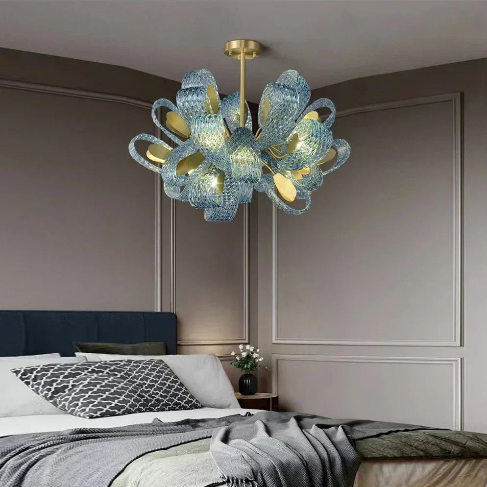 DecorBites™ Blue Peacock Leaf Glass Designer Chandeliers Lighting