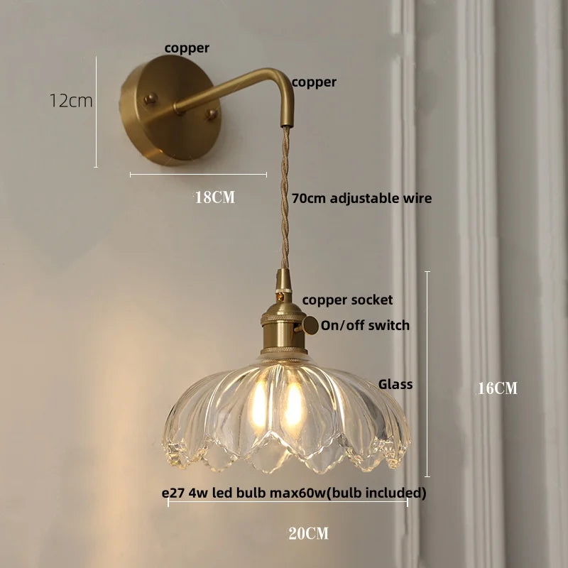DecorBites™ Glass & Copper Green Flower LED Wall Sconce with Pull Chain