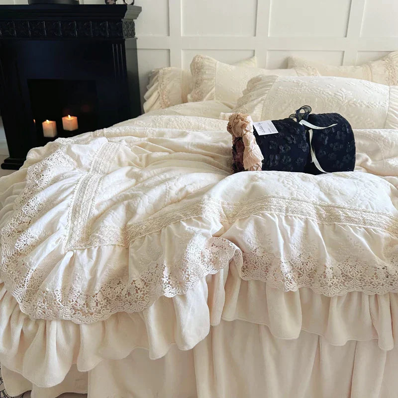 DecorBites™ Lace Ruffles Velvet Wedding Bedding Set with Carved Details