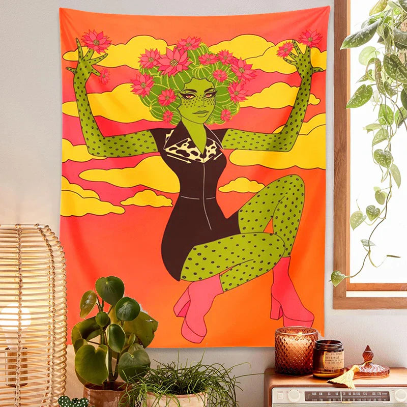 DecorBites™ Cactus Girl Tapestry Wall Hanging 60s Flower Psychedelic Retro Boho Decor