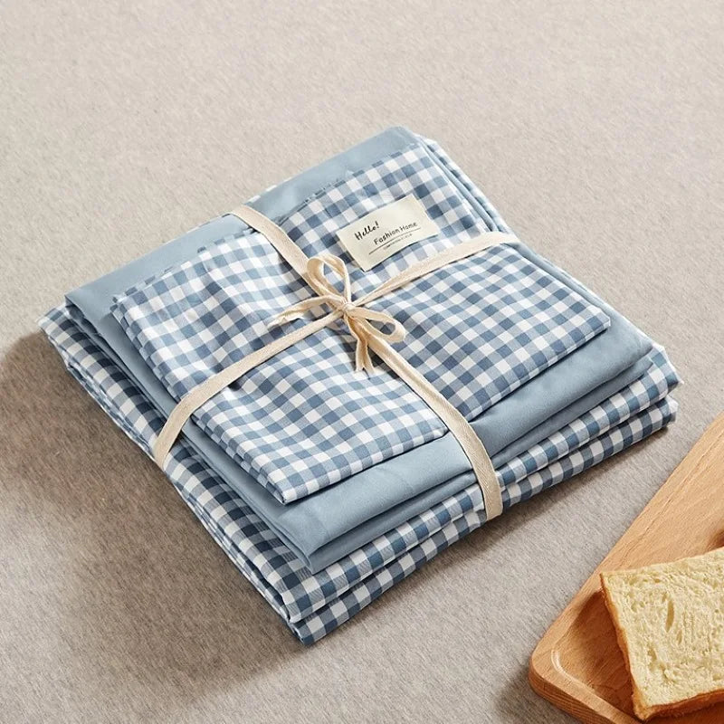 ™ Japanese Grid Printed Cotton Bedding Set in Queen/King for Cozy Sleep
