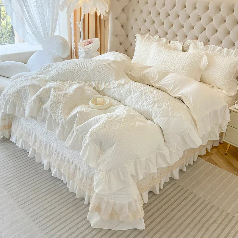 ™ Korean Princess Style Quilted Bedding Set with Lace Ruffles 200x230cm