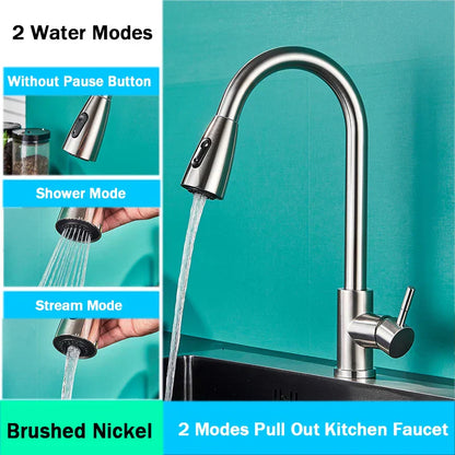 DecorBites™ Brushed Nickel Pull Out Kitchen Faucet with Flexible Stream Sprayer Head
