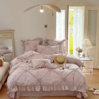 DecorBites™ Korean Princess Style Pure Cotton Bedding Set with Ruffles and Heart Pleat