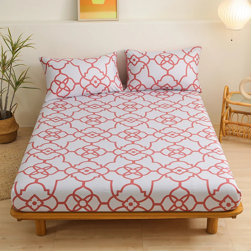 DecorBites™ Golden Feather Sheet Set: Fitted Sheet & 2 Pillowcases, All Season Bedspread