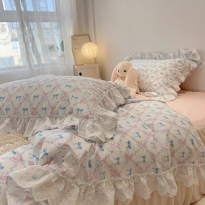 DecorBites™ Korean Princess Style Floral Lace Ruffles Bedding Set with Pillowcase