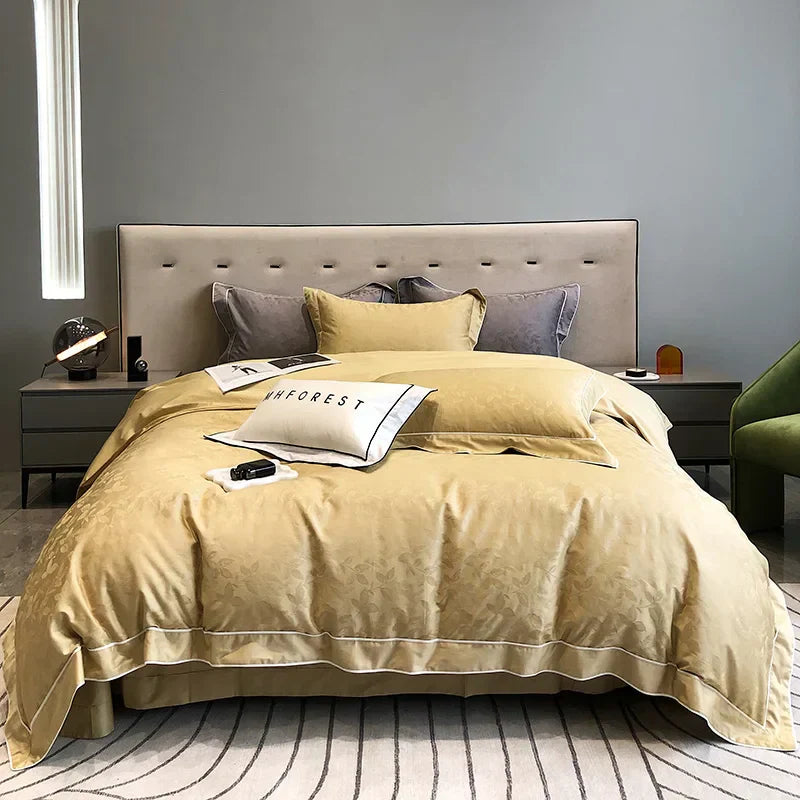 DecorBites™ Jacquard Satin & Egyptian Cotton Patchwork Bedding Set - 4pcs